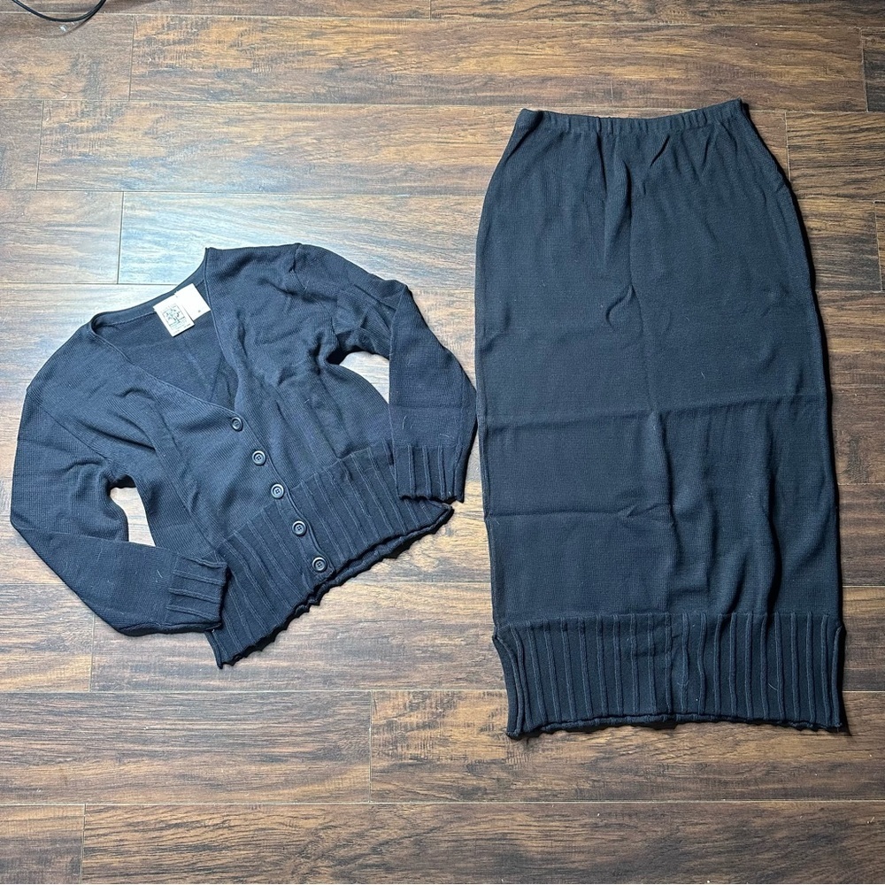 Cotton Country by Parkhurst Black Cotton Knit Cardigan Sweater Midi Skirt Set